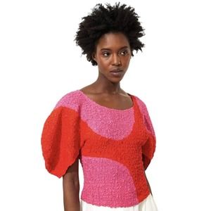 Mara Hoffman Elia Puff Sleeve Popcorn Top Red Pink Womens Size XSmall $325